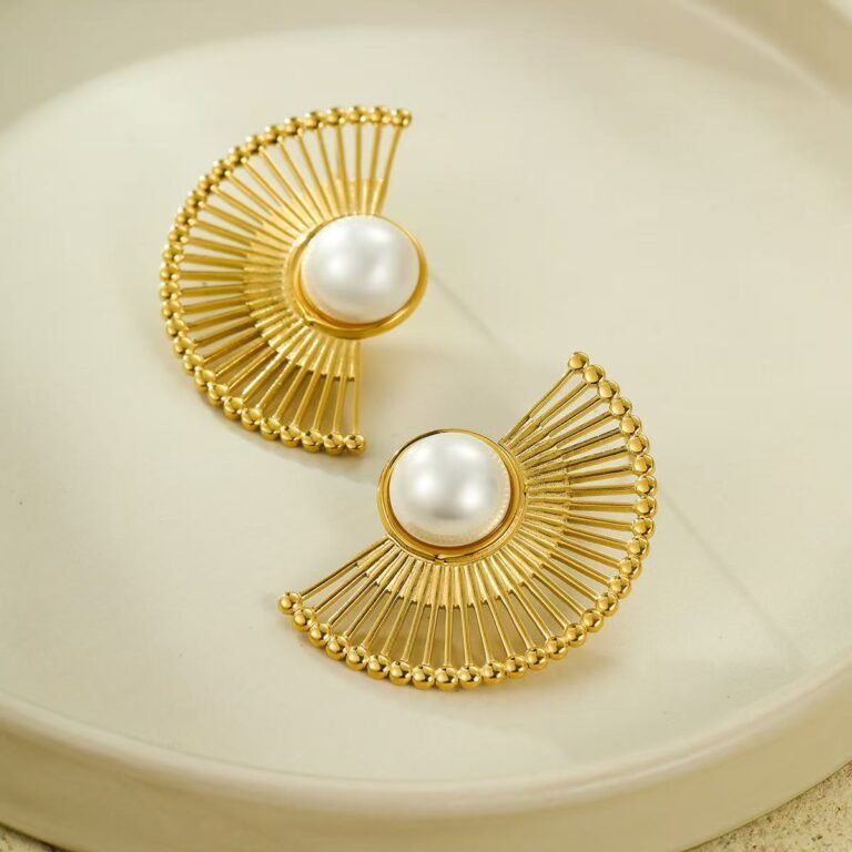 18K Gold Pearl and Fanshaped Earrings for Women Dainty Birthday Christmas Valentine's and Mother's Day Gift