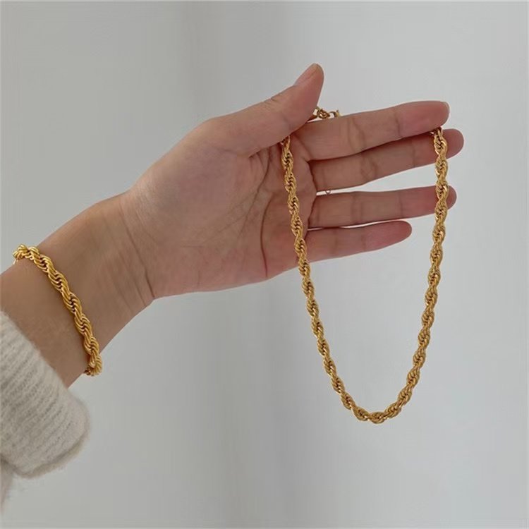 14k Twine Real Gold Jewelry Sets Trendy Thin Dainty Stackable Cuban Link Paperclip Chain Bracelet